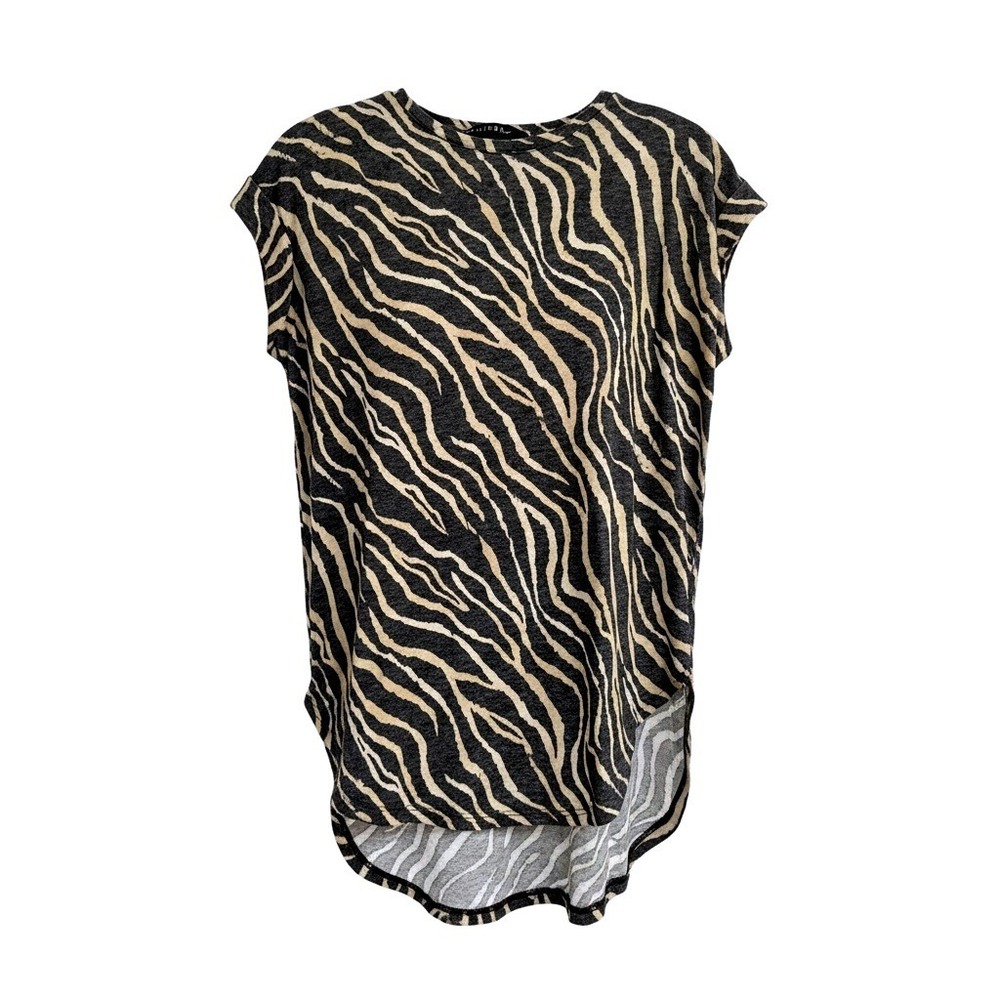 Decjuba Zebra Print High Low Muscle Tee Small Black Tan Sleeveless Excellent
